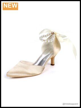 Pearl Bow Satin Kitten Heel Wedding Pumps for Bride